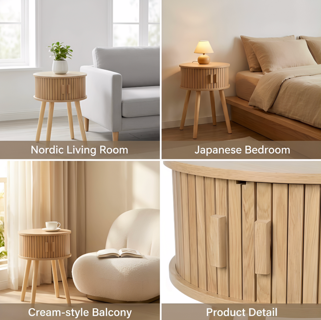 Natural Round Nightstand Table Cabinet
