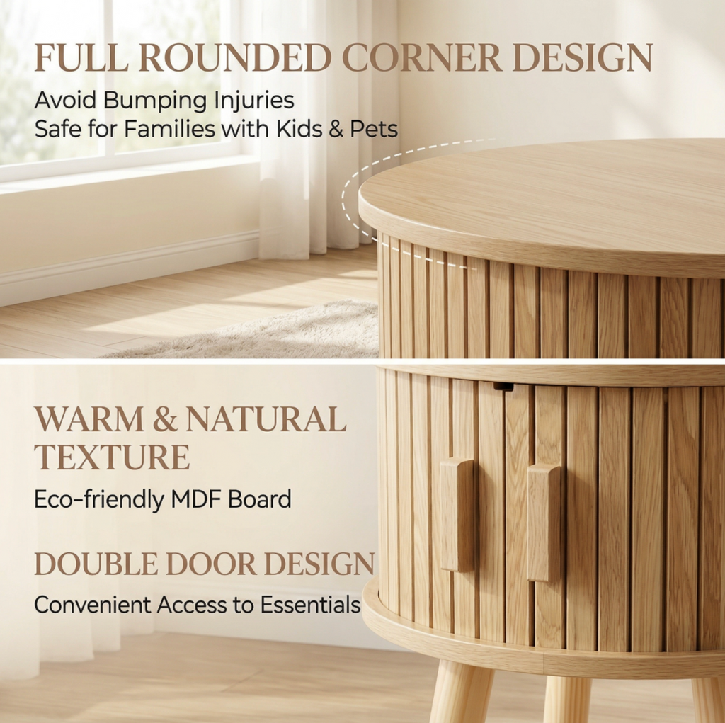 Natural Round Nightstand Table Cabinet
