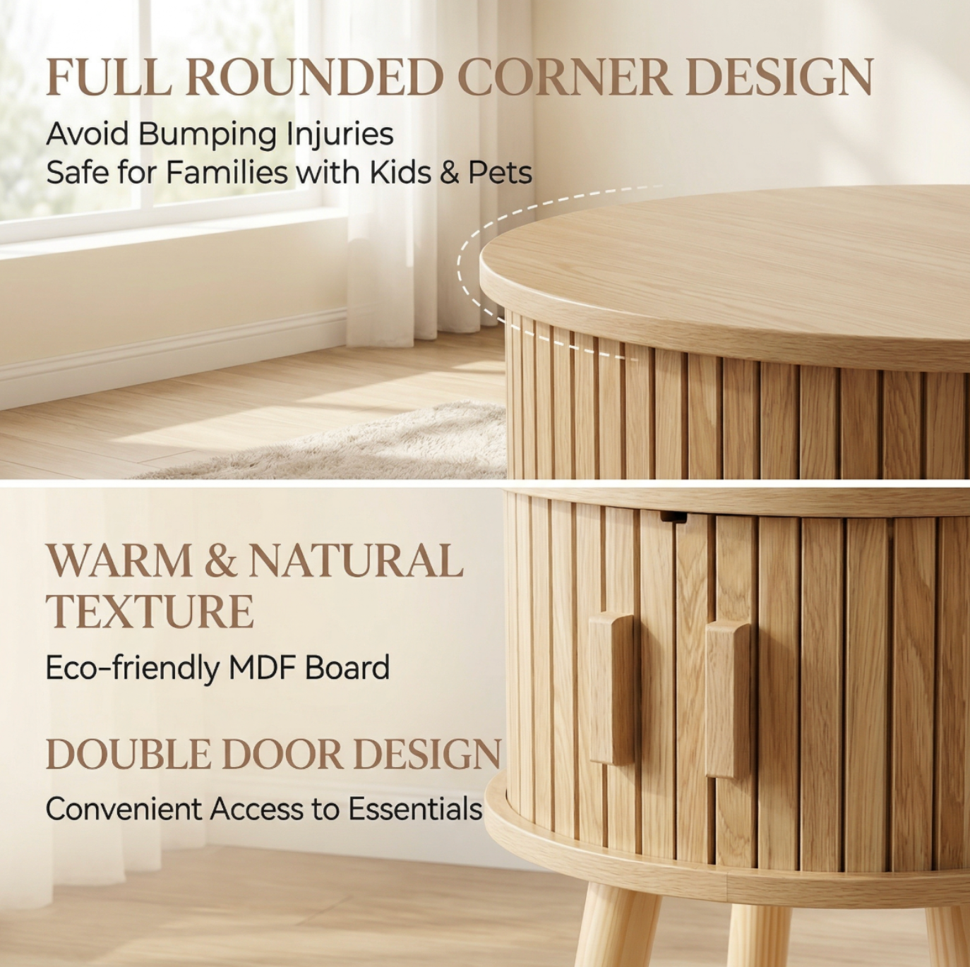 Natural Round Nightstand Table Cabinet