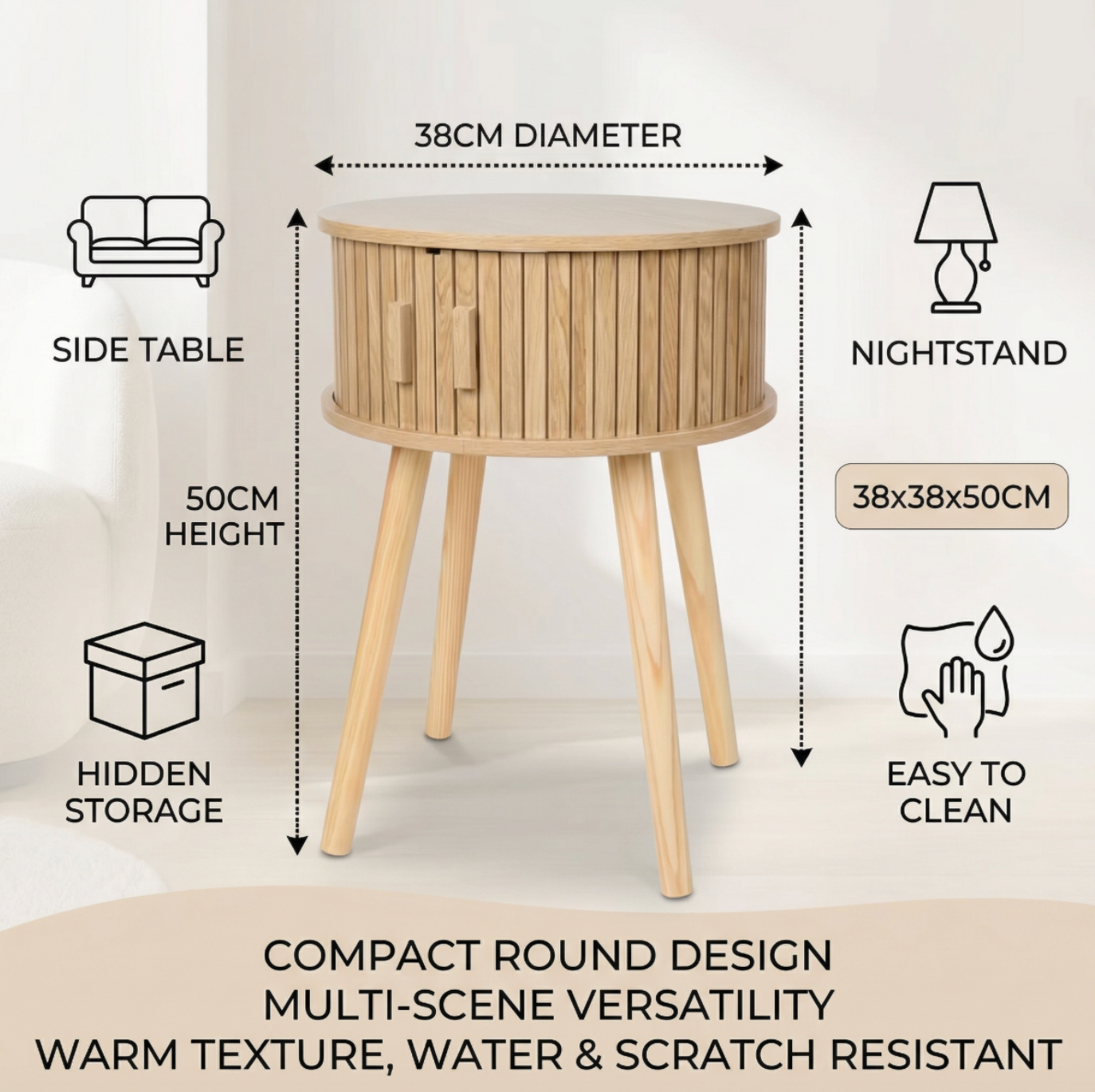 Natural Round Nightstand Table Cabinet